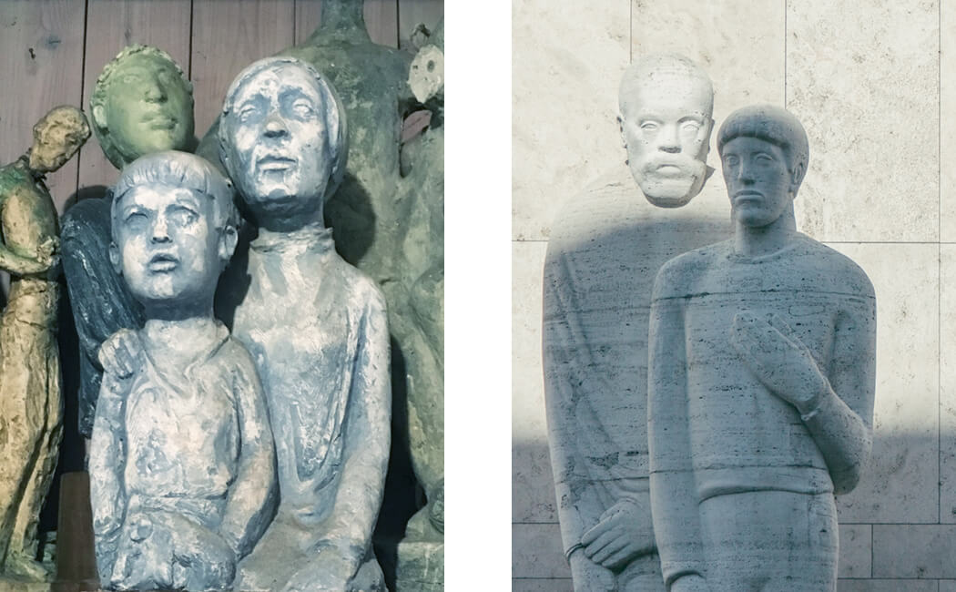 «Mutter und Sohn» in Zschokkes Atelier und die Monumentalplastik «Lehrer und Schüler» an der Universität Basel