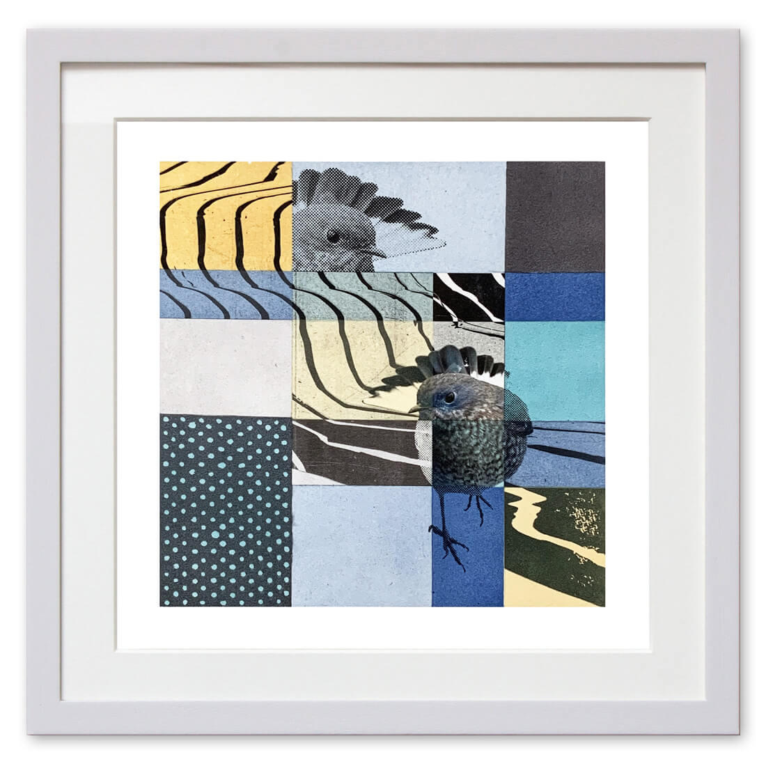Qunstwerk - Malerei gerahmt | Blauvogel - Acryl, Transfer und Tusche auf Papier