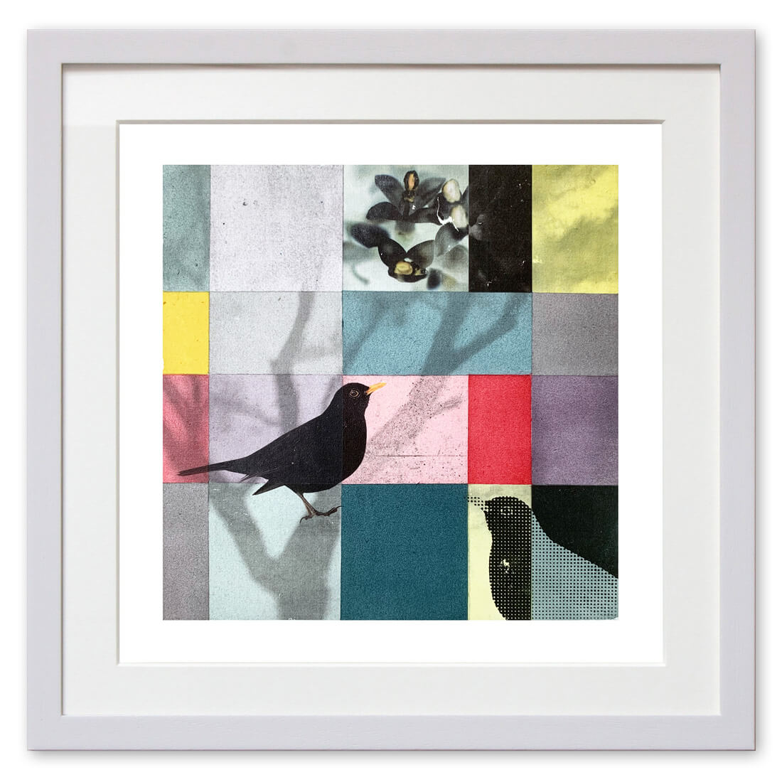 Qunstwerk - Malerei gerahmt | Amsel - Acryl, Transfer und Tusche auf Papier