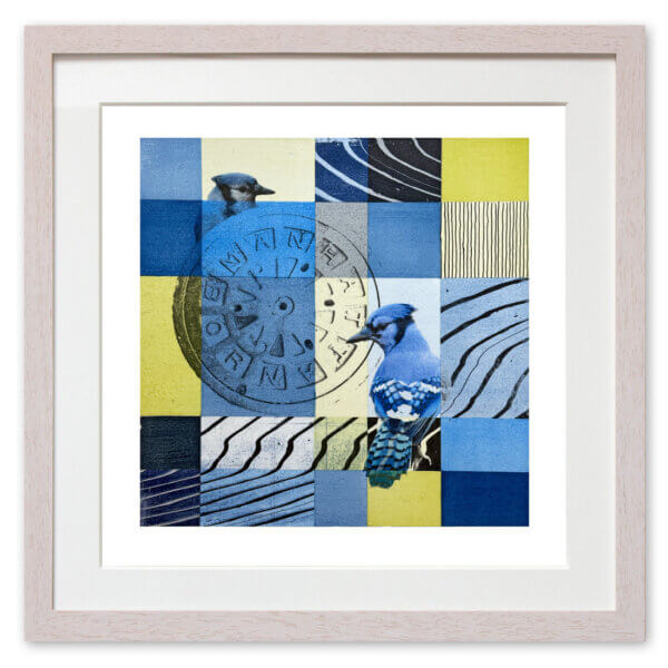 Qunstwerk - Malerei gerahmt | New York City Winter, Blue Jay - Acryl, Transfer und Tusche auf Papier