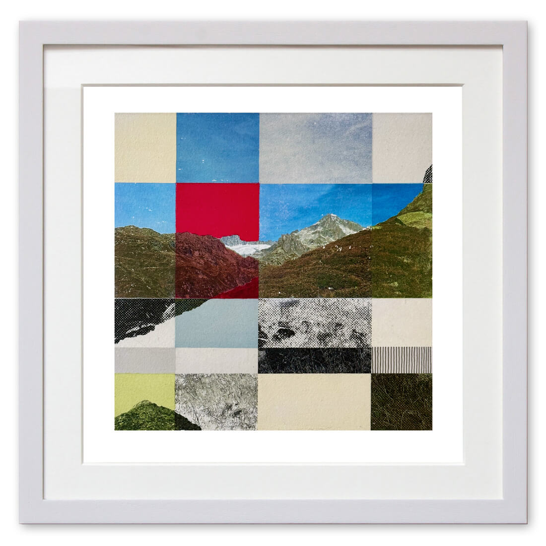 Qunstwerk - Malerei gerahmt | Alpine Landschaft, Lochberg - Acryl, Transfer und Tusche auf Papier